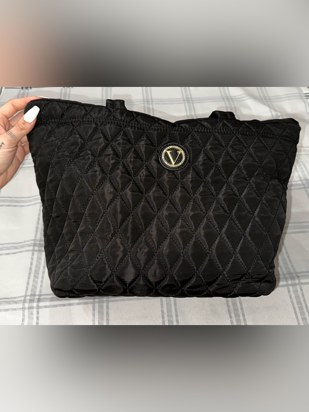 Quilted Black Tote with Gold Medallion